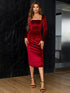 Elegant Wine Velvet Midi Party Dress for Women with Long Sleeves and Square Collar
